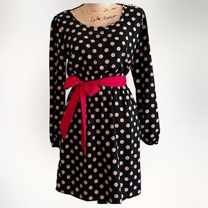 ❤️EUC! NORDSTROM Everly Black Dress With Tan Polka Dots & Red Waist Sash